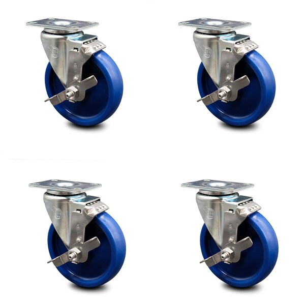 5 Inch Solid Polyurethane Wheel Swivel Top Plate Caster Set with Brake SCC